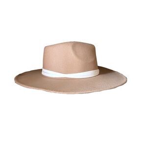 Four Buttons Felt Hat Tan Sand White Ribbon Boho Wedding Bridal Western Colorado